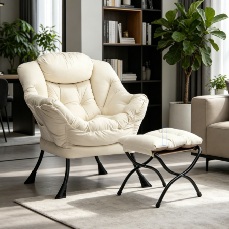 Beige Velvet Leisure Armchair with Footstool and Steel Frame