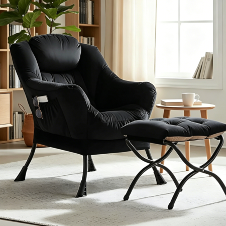 Black Relax Lounge Chair with Ottoman, Armrests and Side Pocket